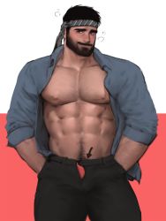 Rule 34 | 1boy, abs, arm hair, arrow (symbol), bara, bare pectorals, beard, beckoning, black pants, blue shirt, blush, breath, bulge, chest hair, dopey (dopq), embarrassed, erection, erection under clothes, facial hair, feet out of frame, headband, heart, heart-shaped pupils, highres, large pectorals, male focus, male pubic hair, male underwear, male underwear peek, mature male, muscular, muscular male, mustache, navel, navel hair, nipples, open clothes, open fly, open pants, open shirt, orange male underwear, original, pants, pectorals, pubic hair, seductive smile, shirt, short hair, smile, solo, stomach, symbol-shaped pupils, thick eyebrows, thick thighs, thighs, underwear