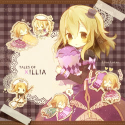 Rule 34 | 1girl, alternate costume, bad id, bad pixiv id, blonde hair, brown background, character name, chibi, costume chart, dress, elize lutus, hat, heart, lowres, maid, multiple persona, plaid, plaid background, sleeping, tales of (series), tales of xillia, teepo (tales), tyk, yellow eyes