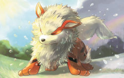 Rule 34 | arcanine, closed mouth, cloud, commentary request, creatures (company), day, full body, game freak, gen 1 pokemon, grass, nintendo, no humans, outdoors, pokemon, pokemon (creature), rain, rainbow, standing, tansho, water drop, wet