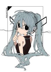 Rule 34 | 1girl, absurdres, aqua hair, arm tattoo, bare shoulders, black eyes, black shirt, breasts, character name, closed mouth, collared shirt, finger to cheek, from behind, hair ornament, hand up, hatsune miku, highres, long bangs, long hair, looking at viewer, looking back, number tattoo, outside border, shiro kuro (shirokuro 3939), shirt, simple background, sleeveless, sleeveless shirt, small breasts, solo, tattoo, twintails, upper body, vocaloid, white background