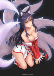 Rule 34 | 1girl, absurdres, ahri (league of legends), all fours, animal ears, bare shoulders, black hair, breasts, cleavage, collarbone, detached sleeves, facial mark, fingernails, fox ears, fox tail, highres, korean clothes, large breasts, league of legends, lips, long hair, looking at viewer, multiple tails, slit pupils, solo, tail, whisker markings, yellow eyes, zhaofeng yinyue