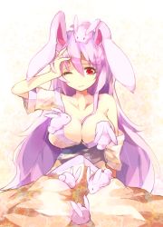 Rule 34 | 1girl, animal ears, bare shoulders, breasts, rabbit, chiroru (cheese-roll), japanese clothes, large breasts, light purple hair, long hair, off shoulder, one eye closed, rabbit ears, red eyes, reisen udongein inaba, solo, touhou, very long hair