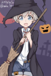 Rule 34 | 10s, 1girl, 2014, :d, alternate costume, belt, blue eyes, broom, coat, crescent moon, cross, dated, denim, denim shorts, dress shirt, fang, grave, graveyard, halloween, halloween costume, hat, highres, holding, jack-o&#039;-lantern, kantai collection, looking at viewer, mku, moon, open mouth, pumpkin, red ribbon, ribbon, shirt, short hair, shorts, silver hair, smile, solo, tombstone, twitter username, witch, witch hat, z1 leberecht maass (kancolle)