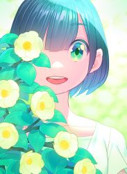 Rule 34 | 1girl, black hair, blunt bangs, blurry, blurry background, bob cut, camellia, flower, green eyes, highres, leaf, looking at viewer, nobile1031, one eye covered, open mouth, original, plant, portrait, smile, solo, white flower