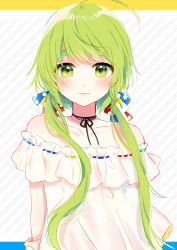 Rule 34 | 1girl, ahoge, arms behind back, bare shoulders, black neckwear, bow, choker, closed mouth, collarbone, dress, eyebrows, green eyes, green hair, hair ornament, light smile, long hair, looking at viewer, low twintails, original, polka dot, polka dot bow, ribbon, ribbon-trimmed dress, solo, standing, strapless, strapless dress, striped ribbon, thick eyebrows, twintails, upper body, white dress, yuyupo