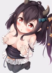 Rule 34 | 1girl, :o, ahoge, azur lane, black pantyhose, black shirt, blush, breasts, brown hair, candy hair ornament, candy wrapper, clothes pull, commentary request, covering privates, covering breasts, detached sleeves, food-themed hair ornament, from above, grey background, hair between eyes, hair ornament, highres, horns, isuzu (azur lane), isuzu (night of fairy tale) (azur lane), long hair, long sleeves, looking at viewer, looking up, medium breasts, mochiyuki, no shoes, one side up, pantyhose, parted lips, pleated skirt, red eyes, shirt, shirt pull, simple background, skirt, sleeves past wrists, solo, star (symbol), star hair ornament, white skirt, white sleeves
