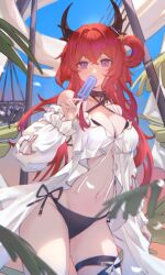 Rule 34 | 1girl, arknights, basket, bikini, black bikini, blurry, breasts, collarbone, commentary request, criss-cross halter, depth of field, drone (drone 37), food, hair intakes, halterneck, highres, holding, holding food, holding popsicle, horn ornament, horns, large breasts, navel, off shoulder, official alternate costume, petals, popsicle, purple eyes, red hair, side-tie bikini bottom, solo, stomach, surtr (arknights), surtr (colorful wonderland) (arknights), swimsuit, thighs