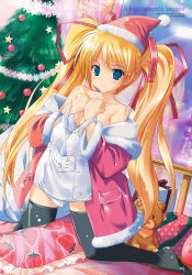 Rule 34 | 1girl, absurdres, bare shoulders, black thighhighs, blonde hair, blue eyes, blush, box, breast hold, breasts, christmas ornaments, christmas tree, cleavage, coat, female focus, food print, gift, gift box, hagano ichigo, hair ribbon, hat, highres, huge filesize, kneeling, komatsu eiji, long hair, looking at viewer, naked coat, one-piece swimsuit, open clothes, original, pillow, ribbon, santa hat, school swimsuit, smile, solo, strawberry print, stuffed animal, stuffed toy, swimsuit, teddy bear, thighhighs, twintails, very long hair, white school swimsuit, white one-piece swimsuit