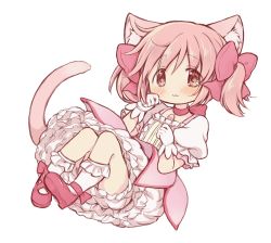 Rule 34 | 1girl, :3, absurdres, animal ear fluff, animal ears, bloomers, cat ears, closed mouth, full body, gloves, highres, hitode, kaname madoka, looking at viewer, magical girl, mahou shoujo madoka magica, mahou shoujo madoka magica (anime), pink eyes, pink hair, red footwear, short hair, simple background, smile, socks, solo, twintails, underwear, white background, white gloves, white socks