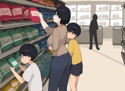 Rule 34 | 1girl, 2boys, age difference, animated, animated gif, arm support, bag, bent over, black hair, blue eyes, blush, breasts, grabbing, grocery bag, large breasts, mother (pepper0), mother and son, multiple boys, onee-shota, pepper0, shadow, shopping bag, sigh, slideshow, steam, surprised, tagme, white shirt brother (pepper0), yellow shirt brother (pepper0)