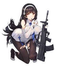 Rule 34 | 1girl, ankle ribbon, assault rifle, bare shoulders, between breasts, black hair, black pantyhose, breast press, breasts, brown eyes, bullpup, covered erect nipples, dress, eyebrows, flower, full body, girls&#039; frontline, gloves, gun, hair flower, hair ornament, hairband, holding, holding gun, holding weapon, impossible clothes, kishiyo, kneeling, large breasts, leg ribbon, long hair, looking at viewer, necktie, necktie between breasts, official art, pantyhose, personification, qbz-95, ribbon, rifle, solo, squatting, symbol, torn clothes, torn pantyhose, transparent background, type 95 (girls&#039; frontline), very long hair, weapon, white dress, white gloves, white hairband