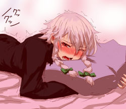 Rule 34 | 1girl, blush, bow, braid, female focus, gradient background, hair bow, izayoi sakuya, lying, hugging object, on stomach, open mouth, pillow, pillow hug, saliva, short hair, silver hair, solo, soubi, tears, touhou, trembling, twin braids, wince
