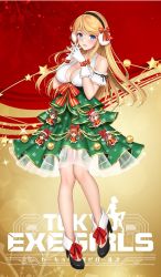 Rule 34 | 1girl, blonde hair, blue eyes, blush, bow, bowtie, breasts, christmas ornaments, cleavage, commentary request, dress, earmuffs, full body, gloves, high heels, highres, interlocked fingers, large breasts, logo, long hair, looking at viewer, official art, own hands together, parted lips, re:shimashima, see-through, smile, snowflake print, snowflakes, solo, standing, star (symbol), tokyo exe girls, white gloves