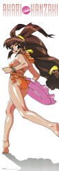 Rule 34 | 1990s (style), 1girl, absurdres, antenna hair, barefoot, battle athletes, bracelet, brown eyes, brown hair, casual one-piece swimsuit, character name, hairband, highres, holding, holding swim ring, innertube, jewelry, kanzaki akari, long hair, looking at viewer, low-tied long hair, non-web source, official art, one-piece swimsuit, open mouth, orange one-piece swimsuit, retro artstyle, scan, simple background, solo, swim ring, swimsuit, white background