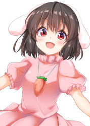 Rule 34 | 1girl, animal ears, brown hair, carrot, dress, highres, hisae (hisae collect), inaba tewi, looking at viewer, open mouth, pink dress, rabbit ears, rabbit girl, red eyes, short hair, short sleeves, smile, solo, touhou, white background