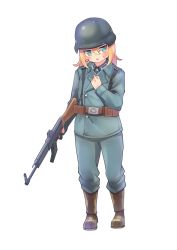 Rule 34 | 1girl, :d, ammunition pouch, assault rifle, blonde hair, boots, brown footwear, company of heroes, full body, german army, green eyes, gun, hair between eyes, hand on own chest, hat, helmet, highres, holding, holding gun, holding weapon, military, military hat, military uniform, open mouth, original, pouch, rifle, simple background, smile, stg44, transparent background, uniform, volksgrenadier (company of heroes), weapon, white background, world war ii, zhainan s-jun