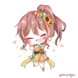Rule 34 | 1girl, arm up, back bow, bad id, bad pixiv id, bang dream!, bow, bracelet, brown hair, chibi, closed eyes, commission, dress, flower, full body, hair bow, hair flower, hair ornament, hand on own cheek, hand on own face, heart, highres, honyang, imai lisa, jewelry, multicolored clothes, multicolored dress, open mouth, ponytail, sash, simple background, smile, solo, standing, standing on one leg, striped, striped bow, twitter username, white background, yellow bow