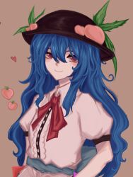 Rule 34 | 1girl, 1hoshimiyabi, black headwear, blue hair, brown background, center frills, closed mouth, commentary, food, frills, fruit, heart, highres, hinanawi tenshi, leaf, long hair, looking at viewer, peach, peach hat ornament, red eyes, short sleeves, sidelocks, simple background, smile, solo, symbol-only commentary, touhou, upper body