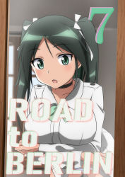 Rule 34 | 1girl, alternate breast size, black choker, black hair, blue panties, breast hold, breasts, choker, commentary, copyright name, cowboy shot, english text, foreground text, francesca lucchini, green eyes, green ribbon, hair ribbon, highres, indoors, jacket, leaning forward, long hair, long sleeves, looking at viewer, military, military uniform, mirror, neck ribbon, no pants, oinari (koheihei1109), panties, reflection, ribbon, solo, standing, strike witches, striped clothes, striped panties, swept bangs, twintails, underwear, uniform, white jacket, white ribbon, world witches series