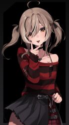 Rule 34 | 1girl, ahoge, belt chain, black nails, black undershirt, brown eyes, brown hair, choker, dark background, emo fashion, hair between eyes, highres, hiroside, hololive, hololive english, jewelry, lace-trimmed choker, lace trim, long hair, looking at viewer, multicolored hair, nanashi mumei, nanashi mumei (emo), necklace, official alternate costume, pleated skirt, skirt, solo, streaked hair, striped clothes, striped sweater, sweater, sweater partially tucked in, tongue, tongue out, torn clothes, torn sweater, two-tone sweater, two side up, virtual youtuber