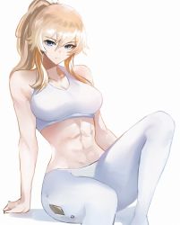Rule 34 | 1girl, abs, arm support, bare arms, blonde hair, blue eyes, breasts, cleavage, closed mouth, crop top, expressionless, genshin impact, highres, jean (genshin impact), large breasts, long hair, looking at viewer, midriff, pants, ponytail, sidelocks, simple background, sitting, solo, tank top, tommy (kingdukeee), white legwear, white pants, white tank top