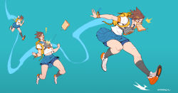 Rule 34 | !, 1girl, absurdres, alternate costume, anh dang, backpack, bag, bandaid, bandaid on leg, bangle, bespectacled, bike shorts under skirt, black socks, blue serafuku, blue shorts, blue skirt, bracelet, bread slice, brown hair, catching, colored shoe soles, commentary, english commentary, food, food in mouth, gameplay mechanics, glasses, green background, hair ornament, hairclip, highres, jewelry, late for school, mouth hold, overwatch, pearl bracelet, pleated skirt, running, school uniform, serafuku, shoes, short hair, shorts, skirt, sneakers, socks, solo, spiked hair, teeth, toast, toast in mouth, toaster, tracer (overwatch), upper teeth only, w arms, white footwear, yellow-framed eyewear