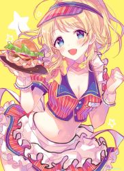 Rule 34 | 1girl, :d, ahoge, apron, blonde hair, blue eyes, blush, breasts, buttons, cleavage, collarbone, crop top, food, frilled skirt, frills, hachimiya meguru, burger, hanai yuyu, hands up, highres, holding, holding tray, idolmaster, idolmaster shiny colors, light particles, long hair, looking at viewer, medium breasts, midriff, miniskirt, navel, neck ribbon, open mouth, ponytail, red skirt, ribbon, short sleeves, simple background, skirt, smile, solo, star (symbol), stomach, tray, upper body, visor cap, waist apron, wing collar, wrist cuffs, yellow background