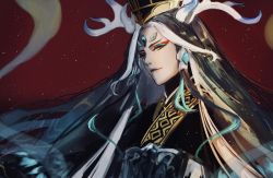 Rule 34 | 1boy, absurdres, black hair, canothy, chinese clothes, eyeshadow, fate/grand order, fate (series), highres, long hair, makeup, male focus, multicolored hair, shi huang di (fate), red eyes, solo, two-tone hair, white hair