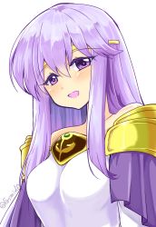 Rule 34 | 1girl, bare shoulders, blush, book, cape, circlet, colored eyelashes, detached sleeves, dress, fire emblem, fire emblem: genealogy of the holy war, hair between eyes, highres, julia (fire emblem), long hair, looking at viewer, nintendo, open mouth, purple eyes, purple hair, smile, solo, twitter username, upper body, white dress, yukia (firstaid0)
