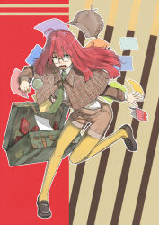 Rule 34 | 1girl, bad id, bad pixiv id, blue eyes, book, deerstalker, detective, food, hat, pantyhose under shorts, long hair, looking at viewer, magnifying glass, mouth hold, naro0427, necktie, open mouth, original, pantyhose, paper, pocky, red hair, shorts, solo, suitcase, yellow pantyhose