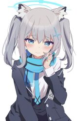 Rule 34 | 1girl, alternate hairstyle, animal ears, black jacket, blue archive, blue eyes, blue halo, blue necktie, blue scarf, blush, chikoku, closed mouth, collared shirt, cross hair ornament, grey hair, hair between eyes, hair ornament, halo, highres, jacket, medium hair, mismatched pupils, necktie, open clothes, open jacket, scarf, shiroko (blue archive), shirt, simple background, solo, twintails, white background, white shirt, wolf ears