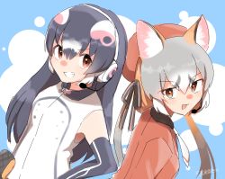 Rule 34 | african penguin (kemono friends), animal ears, gloves, highres, island fox (kemono friends), kemono friends, kemono friends v project, mitorizu 02, necktie, shirt, simple background, skirt, tail, virtual youtuber, white background