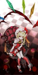 Rule 34 | 1girl, absurdres, ascot, blonde hair, blurry, checkered floor, choker, closed mouth, crystal, depth of field, flandre scarlet, frilled shirt collar, frills, from above, full body, hat, hat ribbon, highres, kneehighs, looking at viewer, looking up, mob cap, pale skin, pointy ears, puffy short sleeves, puffy sleeves, red eyes, red ribbon, red skirt, red vest, ribbon, short sleeves, side ponytail, sitting, skirt, skirt set, smile, socks, solo, striped clothes, striped socks, touhou, vest, white hat, wings, wrist cuffs, yutapon