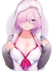 Rule 34 | 1girl, artist name, bad id, bad pixiv id, black-framed eyewear, breasts, cleavage, closed mouth, collarbone, fate/grand order, fate (series), glasses, hair over one eye, hands up, highres, hood, hood up, hoodie, large breasts, light smile, looking at viewer, mash kyrielight, mash kyrielight (swimsuit of perpetual summer), mery (yangmalgage), official alternate costume, one-piece swimsuit, semi-rimless eyewear, short hair, signature, sleeves past wrists, smile, solo, swimsuit, under-rim eyewear, upper body, white one-piece swimsuit