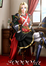 Rule 34 | 1girl, archived source, armor, bad link, belt, blonde hair, blue eyes, chair, crossed legs, curtains, desk, flower, gloves, helmet, holding, indoors, long hair, looking at viewer, milestone celebration, quill, sharon (words worth), signature, sitting, solo, takatan, vase, window, words worth