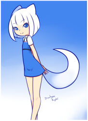 Rule 34 | 1girl, animal ears, arms behind back, blue background, blue dress, blue eyes, child, drantyno, dress, flat chest, fox ears, fox girl, fox tail, fuyu (ryuhi), gradient background, looking at viewer, shirt, short hair, short sleeves, sleeveless, sleeveless dress, smile, standing, tail, white hair, white shirt