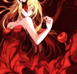 Rule 34 | 10s, 1girl, apple, bare shoulders, blonde hair, blue eyes, character request, dragon nest, dress, female focus, food, fruit, gradient background, long hair, neck, pointy ears, red background, red dress, red theme, shang xiao (slick321), smile, solo, strapless, strapless dress