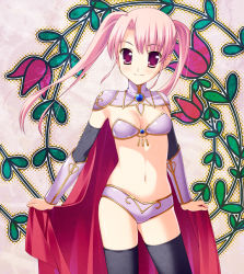 Rule 34 | 1girl, armor, bad id, bad pixiv id, bandeau, bikini, bikini armor, black thighhighs, blush, breasts, brooch, cape, cleavage, detached sleeves, flower, jewelry, long hair, navel, original, pauldrons, pink eyes, pink hair, shoulder armor, smile, solo, strapless, swimsuit, thighhighs, tube top, turtleneck, twintails, yamakaze, yamakaze ran