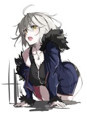Rule 34 | 1girl, ahoge, black jacket, blush, breasts, cleavage, coat, collarbone, commentary request, dress, fate/grand order, fate (series), fur-trimmed coat, fur-trimmed jacket, fur trim, hair between eyes, highres, jacket, jeanne d&#039;arc alter (fate), jeanne d&#039;arc alter (ver. shinjuku 1999) (fate), jewelry, large breasts, leaning forward, looking at viewer, medium breasts, necklace, off shoulder, official alternate costume, open clothes, open jacket, open mouth, ri o ne su, short hair, shorts, simple background, sketch, solo, teeth, upper teeth only, white background, white hair, yellow eyes