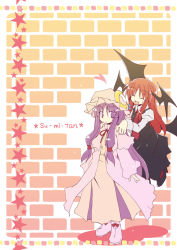 Rule 34 | 2girls, :d, ^ ^, bat wings, blunt bangs, bow, capelet, closed eyes, crescent, dress, dress shirt, embodiment of scarlet devil, female focus, hand on another&#039;s shoulder, hat, hat bow, head wings, heart, high heels, hime cut, koakuma, long hair, long sleeves, low wings, multiple girls, necktie, open mouth, patchouli knowledge, purple dress, purple eyes, purple hair, red hair, satou kibi, shirt, shoes, sidelocks, skirt, skirt set, slippers, smile, star (symbol), touhou, very long hair, vest, white shirt, wide sleeves, wings
