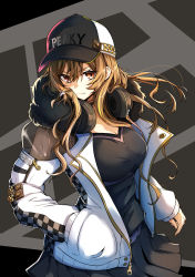 Rule 34 | 1girl, baseball cap, black choker, black hat, black shorts, black skirt, brown eyes, brown hair, choker, closed mouth, clothes writing, d4dj, fur-trimmed jacket, fur trim, gin moku, hat, headphones, headphones around neck, highres, jacket, long sleeves, looking at viewer, miniskirt, open clothes, open jacket, pleated skirt, shorts, skirt, smile, solo, standing, v-neck, white jacket, wind, yamate kyouko
