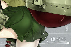 Rule 34 | 10s, 1girl, antaria, arrow (symbol), ass, ass focus, close-up, dated, green skirt, grey background, kantai collection, kitakami (kancolle), lower body, machinery, ship, signature, simple background, skirt, solo, thighs, torpedo, watercraft