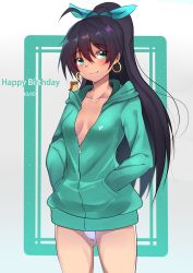 Rule 34 | 1girl, absurdres, animal, black hair, blue ribbon, blush, breasts, cleavage, collarbone, dated, earrings, eyebrows, fang, ganaha hibiki, green eyes, hair ribbon, hamster, hamuzou, hands in pockets, happy birthday, highres, idolmaster, idolmaster (classic), jacket, jewelry, long hair, panties, ponytail, ribbon, small breasts, smile, solo, underwear, vitotraps