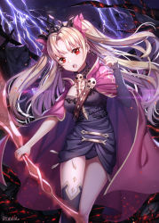 Rule 34 | 1girl, :o, artist name, black dress, black leotard, black thighhighs, blonde hair, breasts, cloak, dress, earrings, embers, ereshkigal (fate), fate/grand order, fate (series), floating hair, glowing, glowing weapon, gold trim, hair ribbon, hand up, holding, holding weapon, hoop earrings, jewelry, legs together, leotard, light particles, lightning, long hair, looking at viewer, medium breasts, night, night sky, open mouth, parted bangs, pink cloak, pink ribbon, red eyes, ribbon, roang, short dress, signature, single sleeve, single thighhigh, skull, sky, solo, sparks, standing, thighhighs, tiara, tohsaka rin, two side up, v-shaped eyebrows, very long hair, weapon
