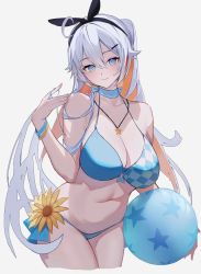 Rule 34 | 1girl, absurdres, ahoge, ball, bare shoulders, beachball, bikini, blue bikini, blue choker, blue eyes, breasts, choker, cleavage, closed mouth, colored inner hair, cropped legs, flower, front-tie bikini top, front-tie top, hair ornament, hair ribbon, hairclip, halterneck, hand up, highres, honkai (series), honkai impact 3rd, jewelry, kiana kaslana, large breasts, long hair, looking at viewer, lysh, multicolored hair, navel, necklace, ribbon, simple background, smile, solo, stomach, string bikini, sunflower, swimsuit, symbol-shaped pupils, thighs, very long hair, white background, white hair, wristband