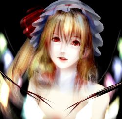 Rule 34 | 1girl, bad id, bad pixiv id, bare shoulders, black background, blonde hair, eyelashes, flandre scarlet, futatsuki tsubaki, glowing, glowing wings, hat, hat ribbon, lips, long hair, mob cap, nose, open mouth, portrait, realistic, red eyes, ribbon, side ponytail, simple background, slnc&#039;re495, smile, solo, teeth, touhou, upper body, white hat, wings