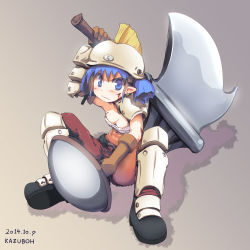 Rule 34 | 1girl, armor, asymmetrical clothes, axe, blood, blue eyes, blue hair, boots, breasts, cleavage, cuts, earrings, elbow gloves, gloves, helmet, highres, injury, jewelry, kazuboh, matching hair/eyes, naganohara mio, navel, nichijou, pointy ears, scar, shield, short hair, single pantsleg, small breasts, solo, twintails, weapon