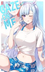 Rule 34 | 1girl, ;p, animal ears, arm support, blue eyes, blue hair, blue shorts, blunt bangs, blush, bow, braid, breasts, collarbone, commentary, crown braid, ear ornament, ear ribbon, english text, exren, gaze on me! outfit (umamusume), groin, hand up, highres, horse ears, horse girl, horse tail, large breasts, long hair, looking at viewer, mejiro ardan (umamusume), midriff, navel, off shoulder, official alternate costume, one eye closed, purple eyes, shirt, shorts, sidelocks, single bare shoulder, sitting, smile, tail, tied shirt, tongue, tongue out, umamusume, v, white shirt, zoom layer