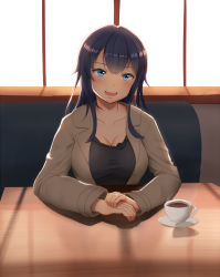 Rule 34 | 1girl, :d, akatsuki (kancolle), black hair, black shirt, blue eyes, blush, breasts, brown jacket, cleavage, coffee, coffee cup, collarbone, commentary request, cup, disposable cup, head tilt, jacket, jewelry, kantai collection, large breasts, light blush, long hair, looking at viewer, maku ro, aged up, open mouth, pov, ring, saucer, shirt, sitting, smile, solo, table, wedding band