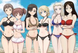 Rule 34 | 6+girls, alisa (girls und panzer), arm around waist, arm at side, asymmetrical bangs, bandeau, bare arms, bare shoulders, beach, bikini, black bikini, black hair, black ribbon, blonde hair, blue bikini, blue eyes, blue sky, blush, bow, braid, breasts, brown bikini, brown eyes, brown hair, clara (girls und panzer), cleavage, clenched hands, closed mouth, cloud, collarbone, commentary request, cowboy shot, darjeeling (girls und panzer), day, female focus, fence, fingernails, freckles, frilled bikini, frills, front-tie bikini top, front-tie top, girls und panzer, gluteal fold, groin, hair ornament, halterneck, hand on another&#039;s shoulder, hand on own hip, holding hands, horizon, inoshira, large breasts, legs together, long hair, looking at viewer, midriff, multiple girls, naomi (girls und panzer), navel, nishi kinuyo, nonna (girls und panzer), o-ring, o-ring bikini, o-ring top, ocean, outdoors, red bikini, ribbon, short hair, short twintails, side-tie bikini bottom, sky, small breasts, smile, standing, stomach, straight hair, swept bangs, swimsuit, thighs, twintails, twitter username, very short hair, white bikini